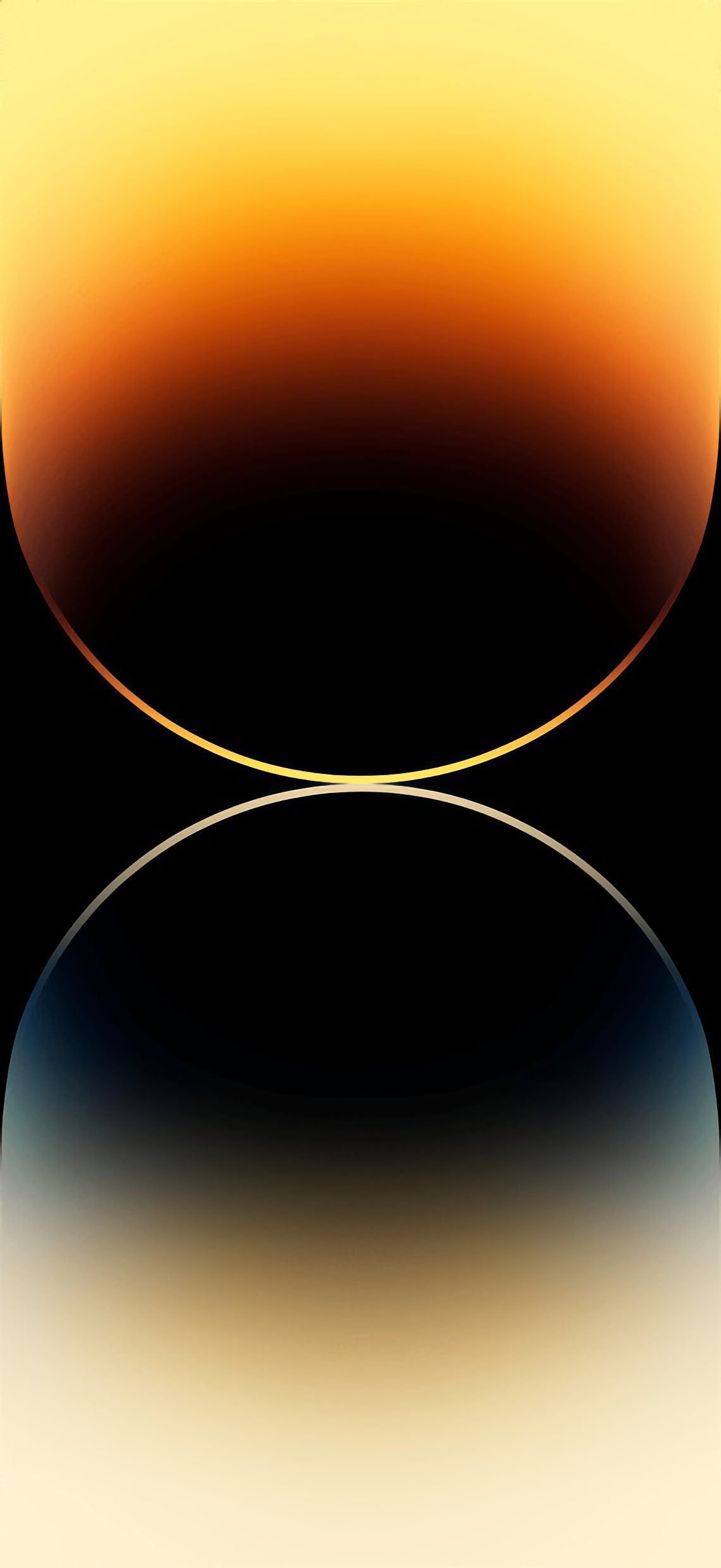 Abstract iPhone 14 Pro Max wallpaper with a gradient of yellow, orange, and black, featuring a mirrored effect
