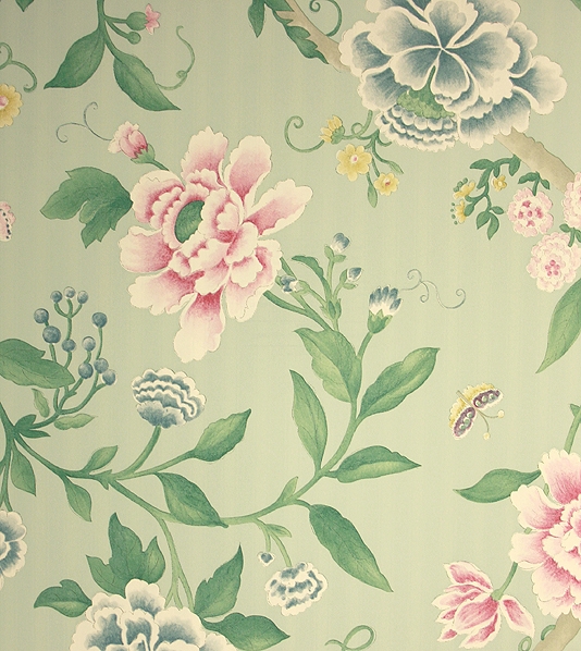 Porcelain Garden Wallpaper Large Floral Design Featuring Birds In Rose