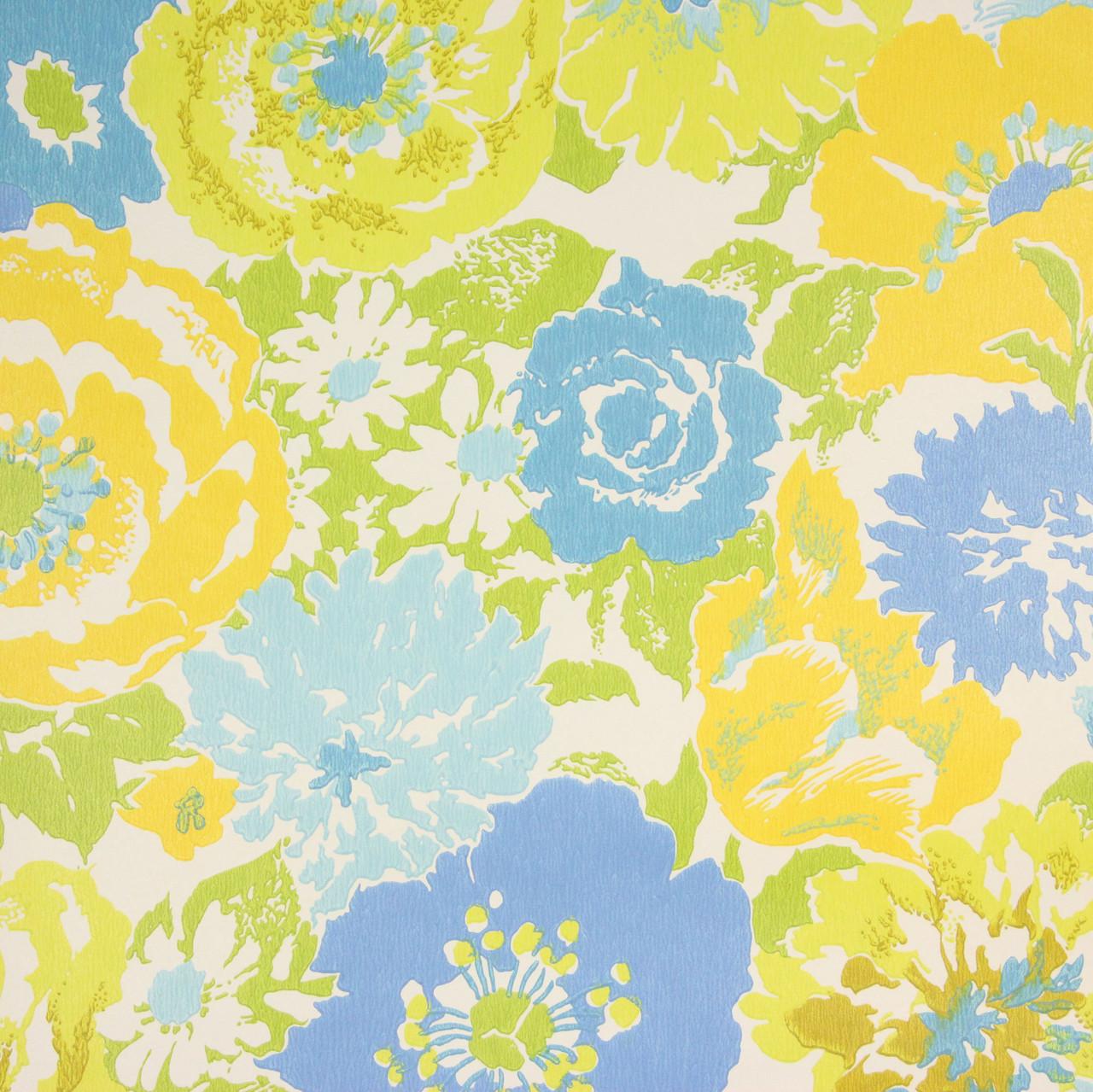1970s Retro Vintage Wallpaper Blue Yellow Flowers Rosie S