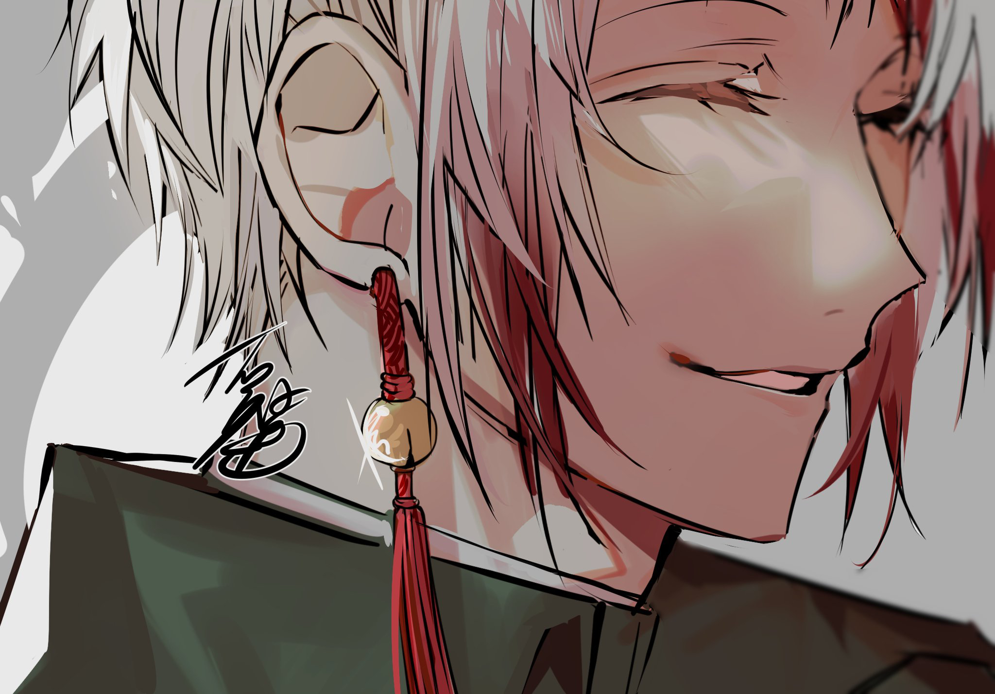 Close-up of Tachihara from Bungou Stray Dogs, featuring his distinctive red and white hair and a traditional red tassel earring
