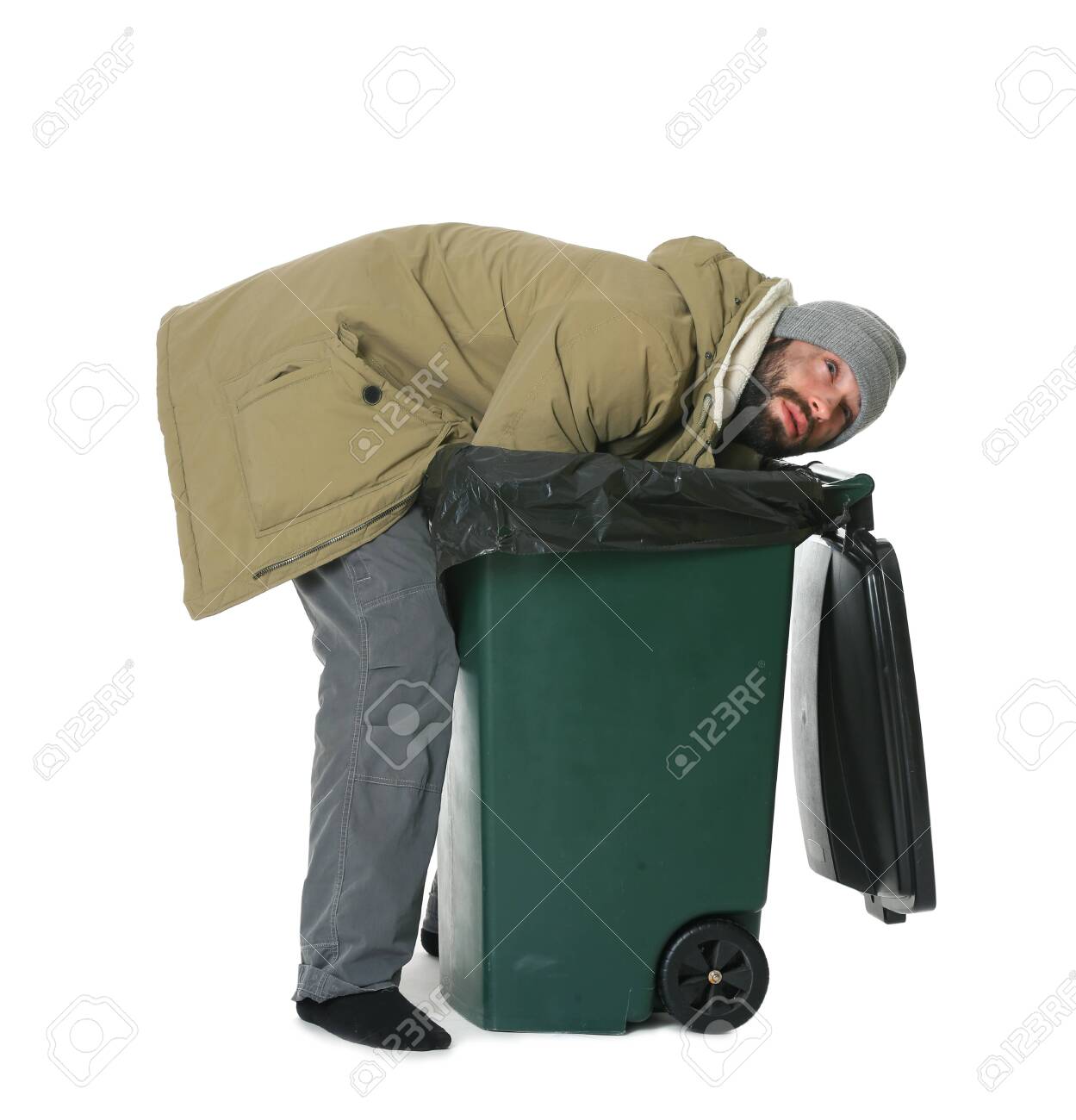 Free Download Poor Homeless Man Digging In Trash Bin Isolated On White   4yvEMK 