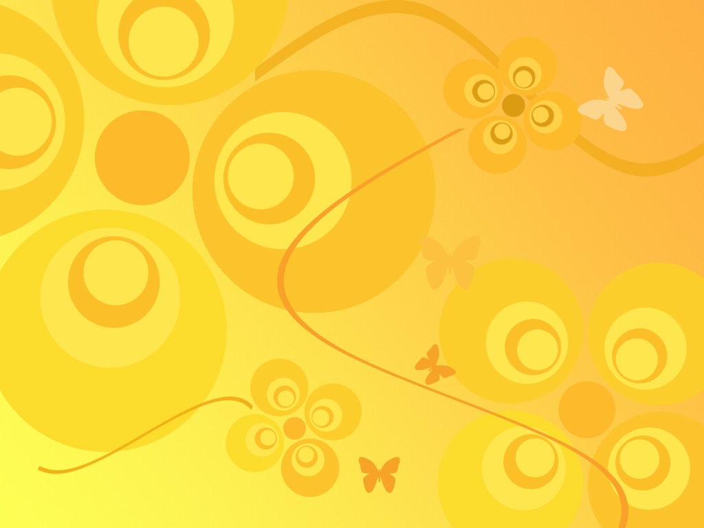 Abstract yellow wallpaper with circles, flowers, and butterflies