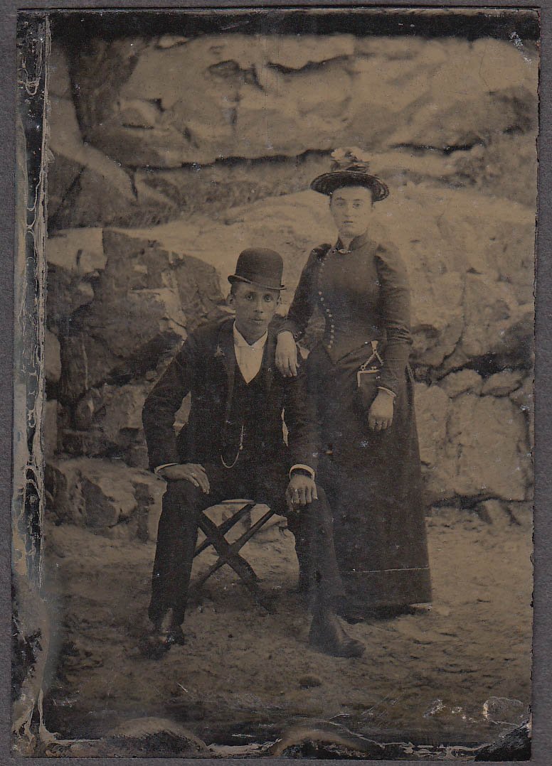 Seated Man Derby Standing Woman Straw Hat Tintype Rock Background