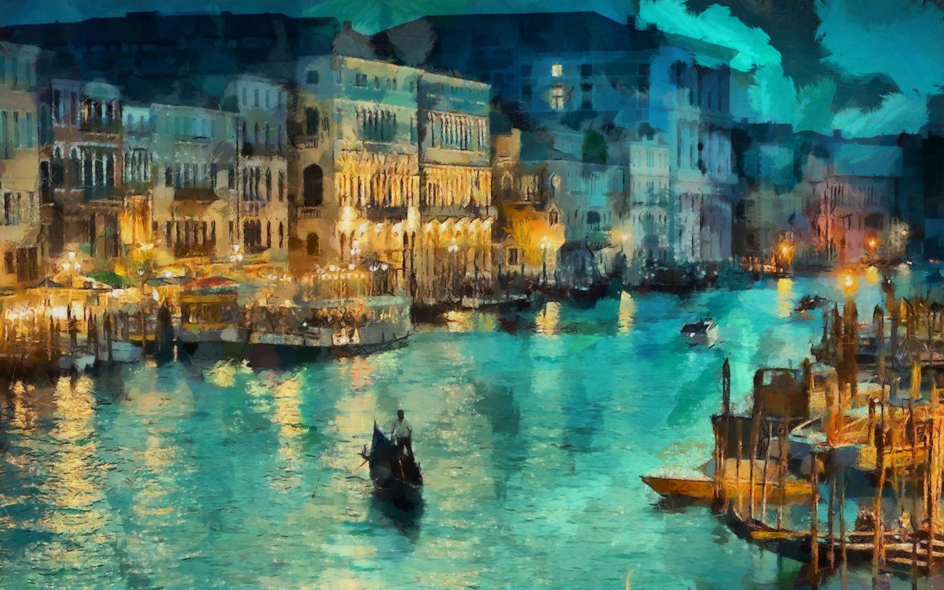 A 4K artistic wallpaper showcasing a picturesque Venetian canal at twilight. Gondolas navigate the serene waterway, illuminated by the warm glow of lights from charming waterfront buildings. The scene exudes a tranquil and romantic ambiance