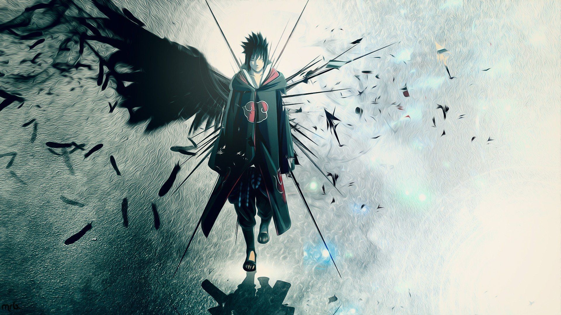 A dark and brooding anime character with black, feathered wings walks towards the viewer, set against a backdrop of shattered light and shadow