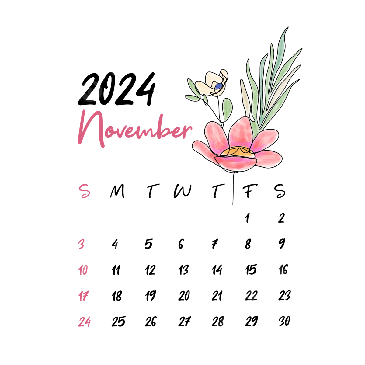 A minimalist November 2024 calendar wallpaper with a delicate floral design on a black background