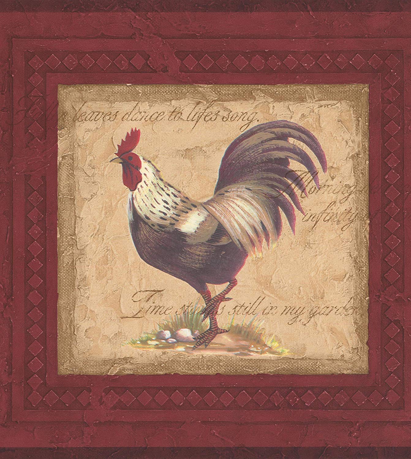Vintage Rooster Paintings On Red Wall Extra Wide Wallpaper Border