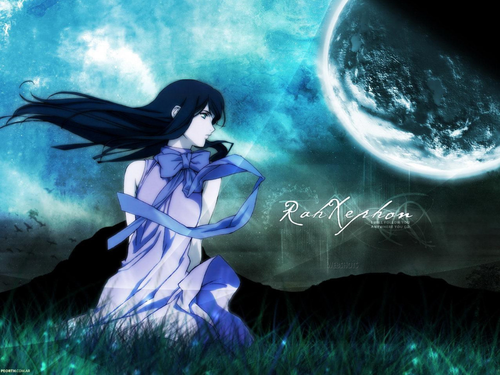 A dark-haired anime girl in a flowing dress, sitting in a field of grass with a large, bright moon in the background. This wallpaper evokes a sense of peaceful solitude