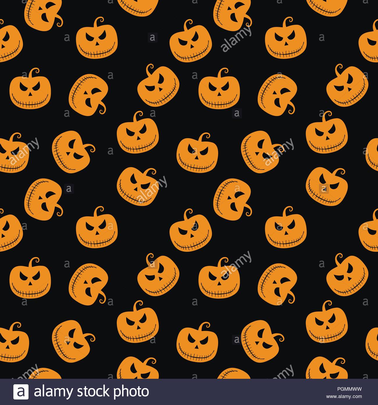 Halloween Seamless Pattern With Scary Stare Pumpkin On Black