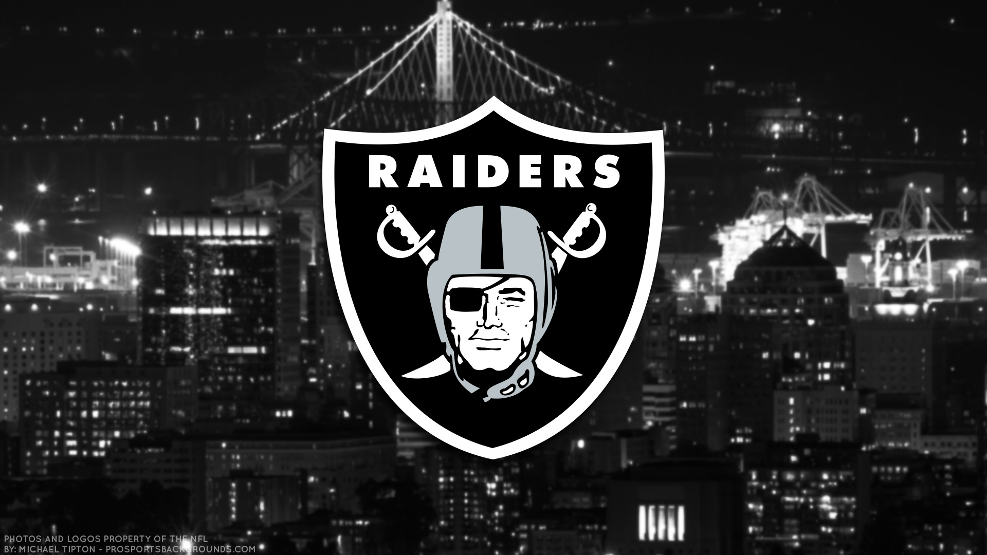 Las Vegas Raiders logo against a night cityscape backdrop