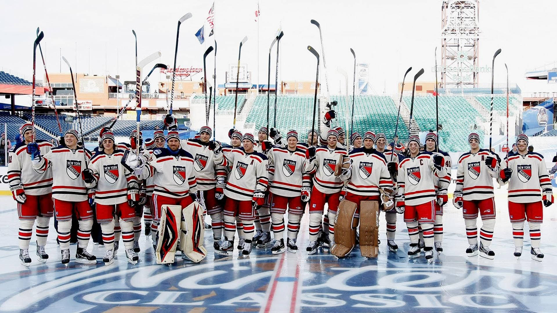 New York Rangers team photo at the Winter Classic, ice hockey players in vintage jerseys, outdoor stadium setting