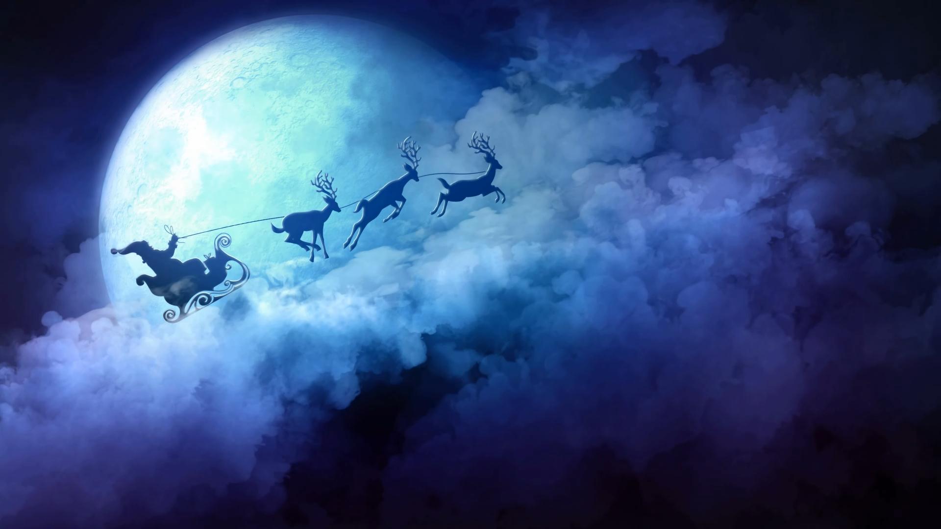 Santa Claus flying his sleigh and reindeer across a large full moon on Christmas Eve night