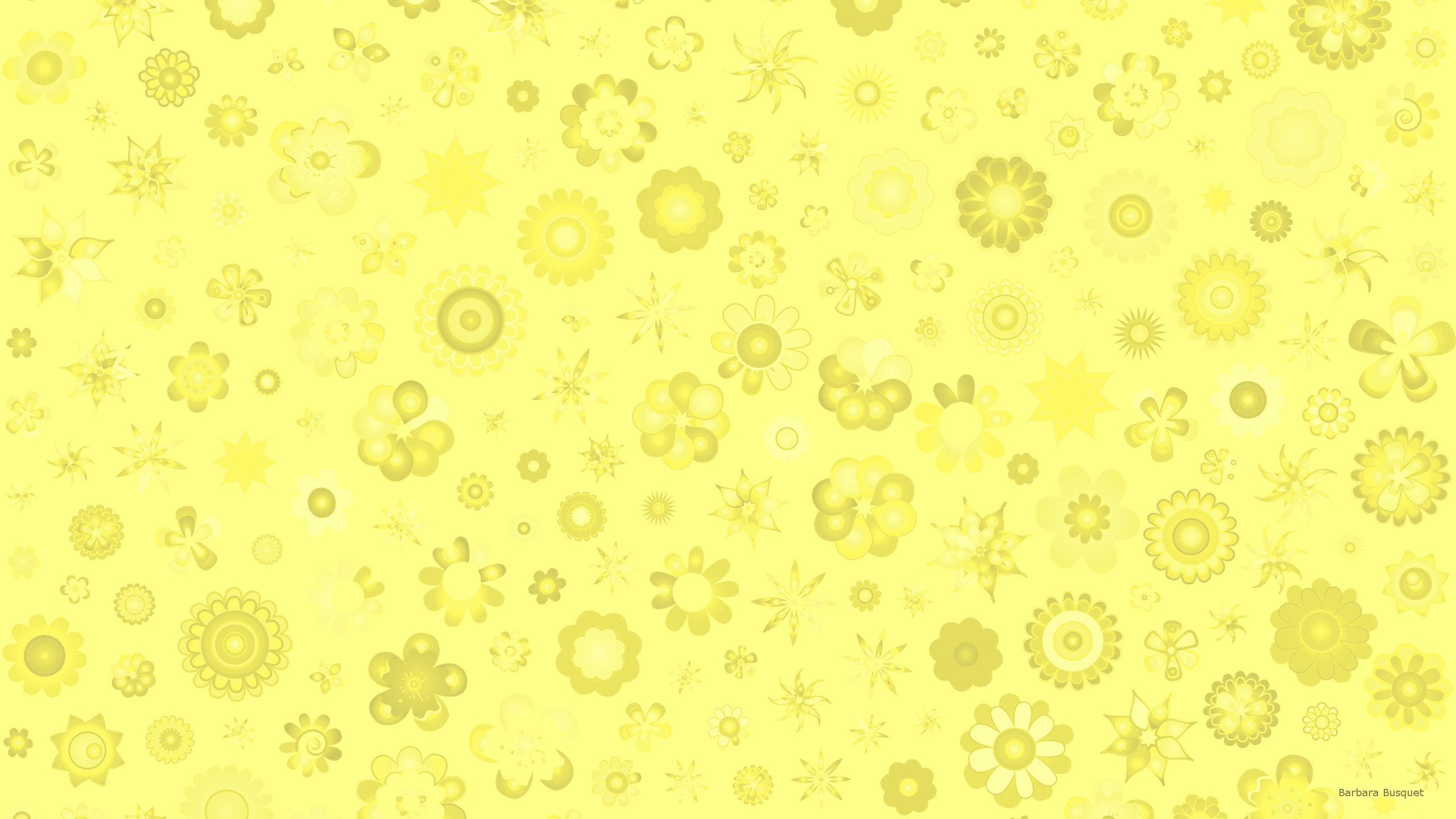 A cheerful, light yellow wallpaper with a variety of stylized flower and starburst patterns