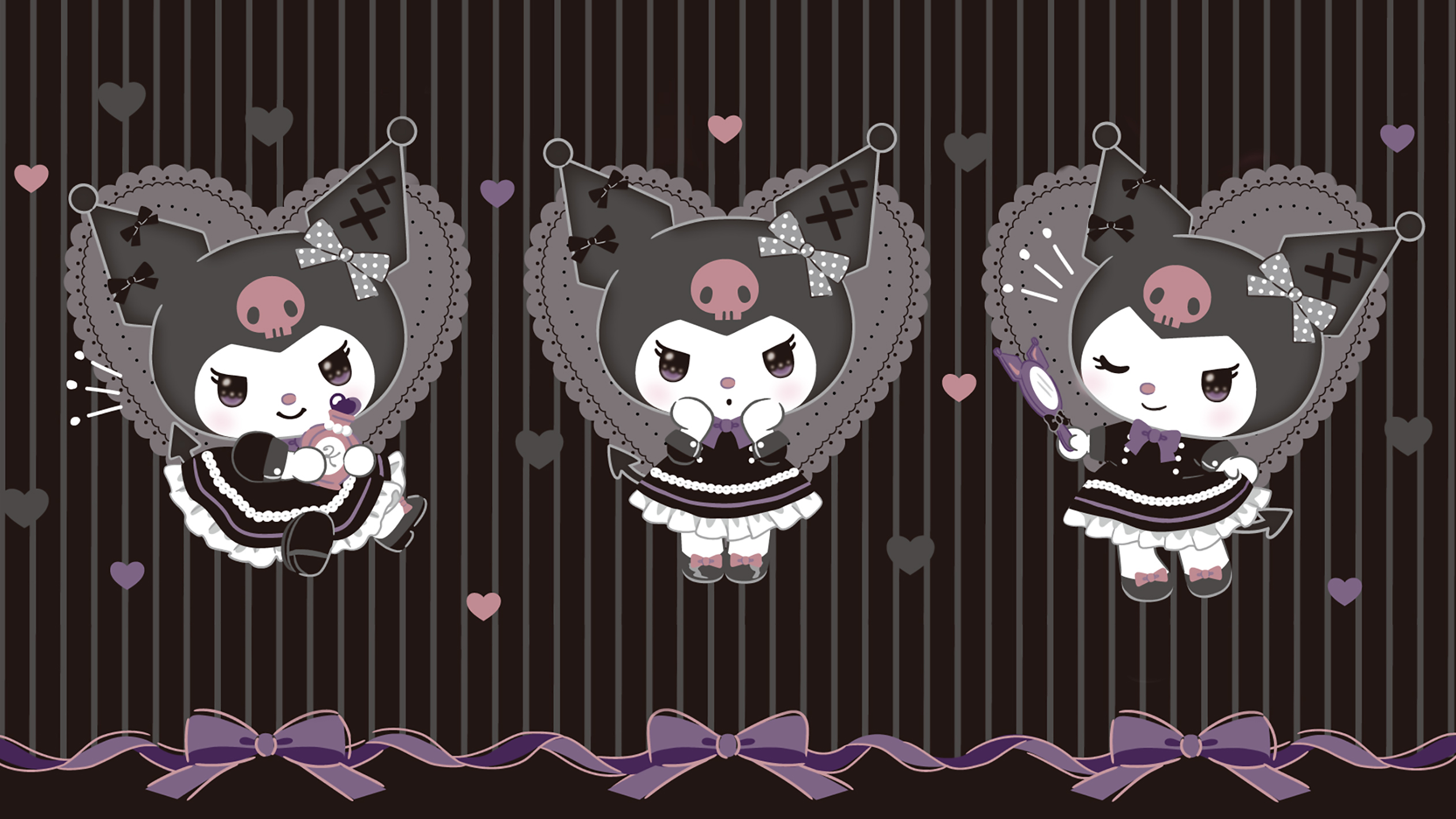 Three adorable Kuromi characters in gothic lolita style against a striped background, perfect for a Kuromi-themed PC wallpaper