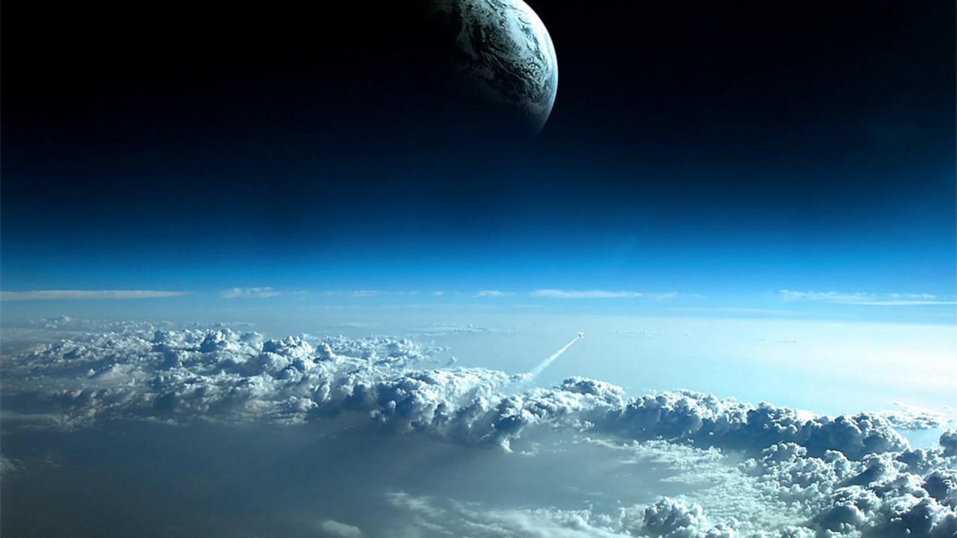 A breathtaking view of Earth from outer space, with a large planet looming in the background and a jet leaving a white trail through the clouds