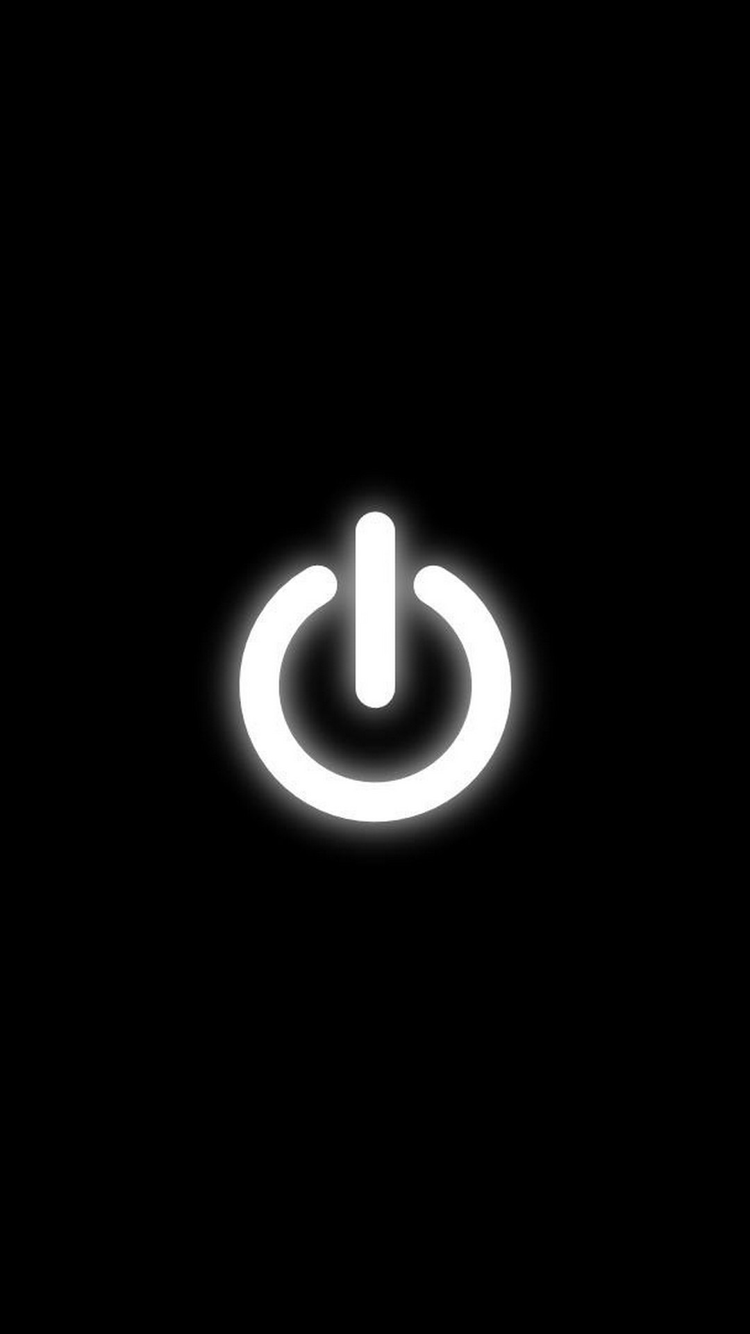 A minimalist black wallpaper featuring a glowing white power symbol