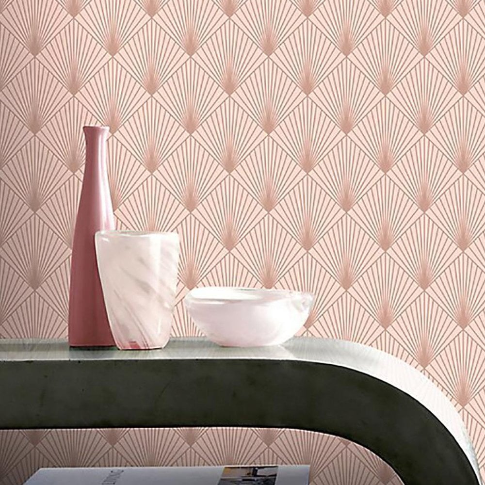 Art Deco Metallic Fans Wallpaper Pink Blush Gold