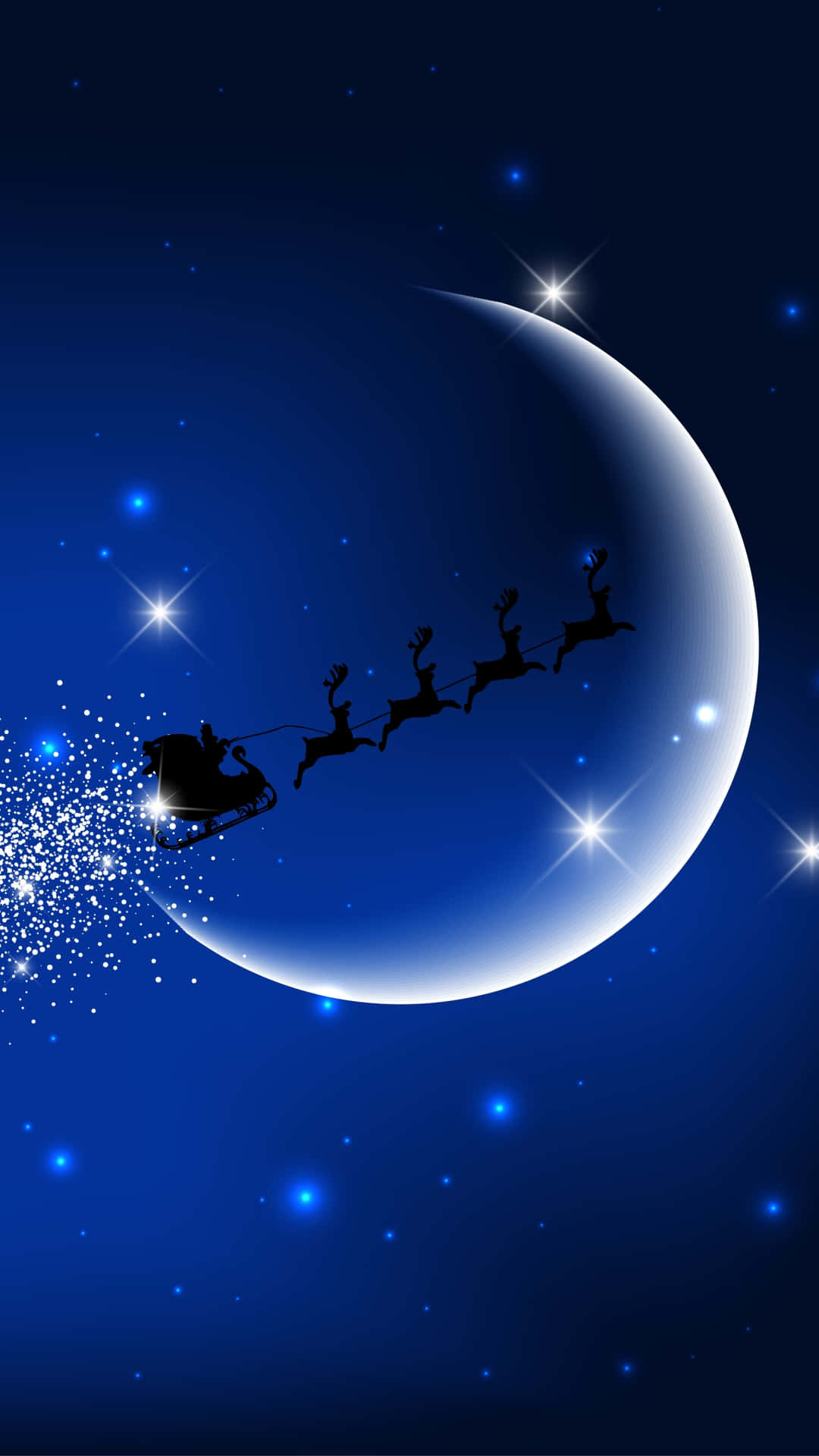 Santa Claus flying his sleigh and reindeer across a large, bright moon in a dark blue, starry night sky