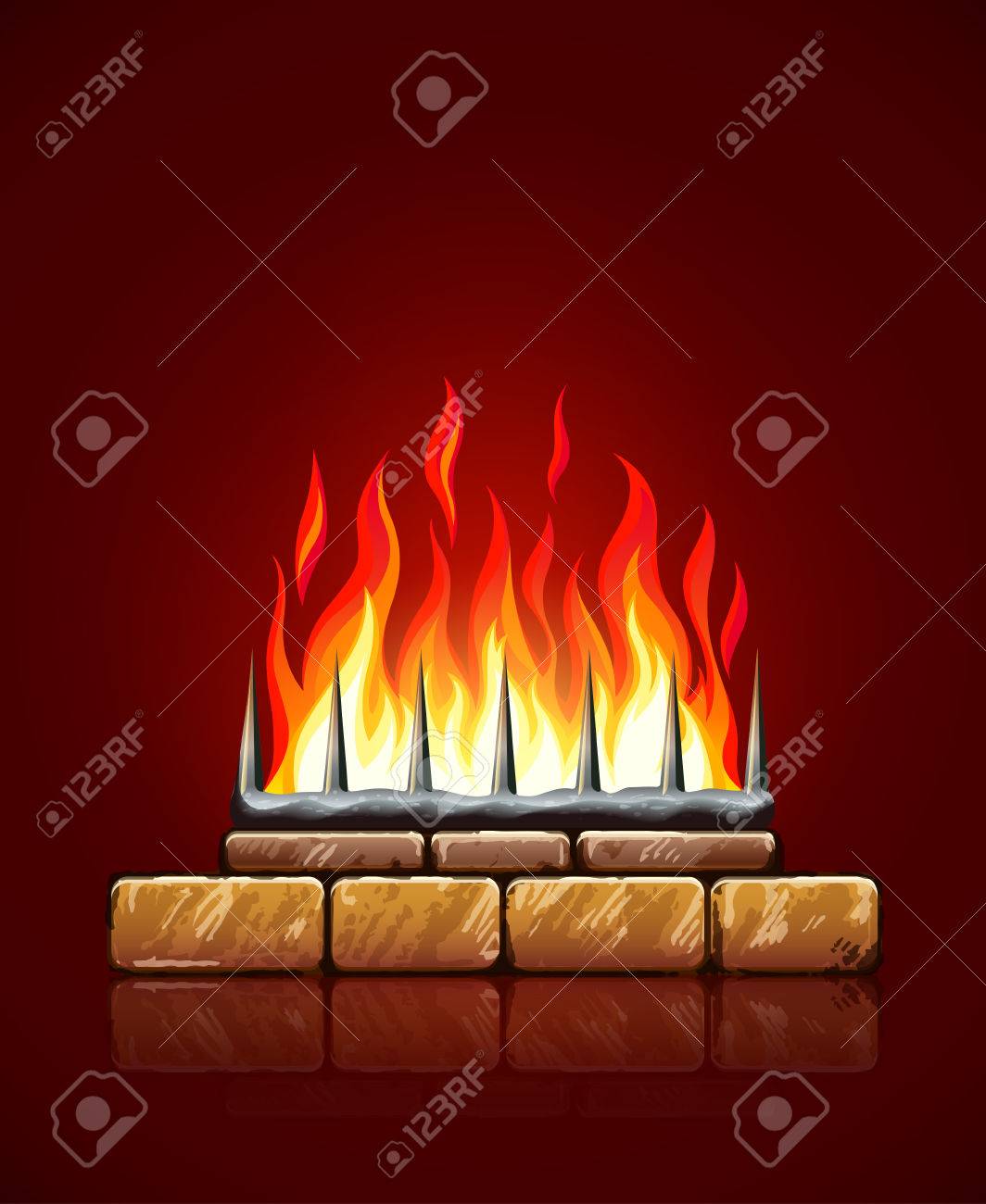 Burning Flames Of Hot Fire In Brick Stones Fireplace On Red
