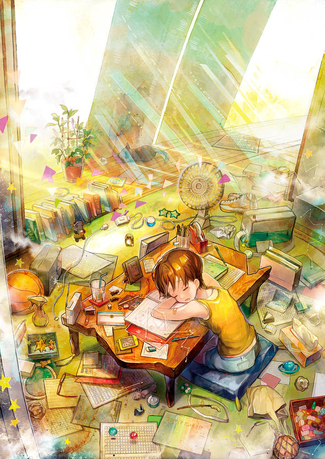 Download Anime Art Girl Study Room Wallpaper