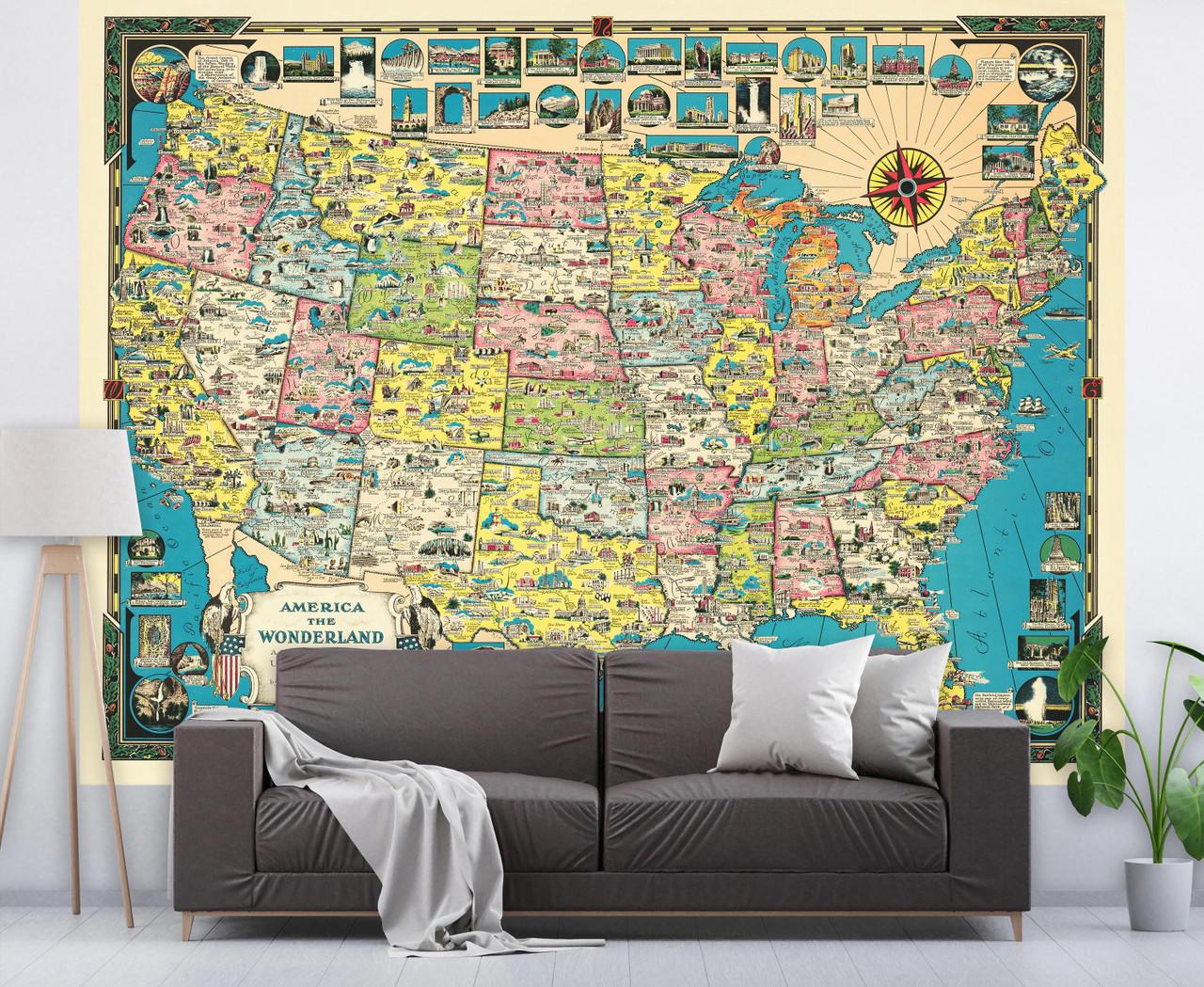 Vintage Usa Map Wall Mural Peel Stick World Maps Online