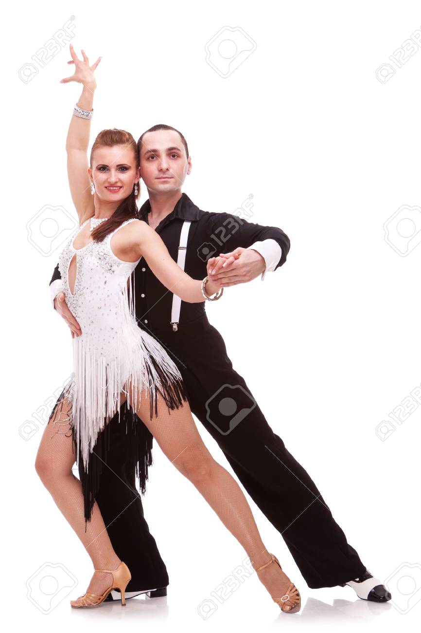 Sensual Salsa Dancing Couple On White Background Of Latino