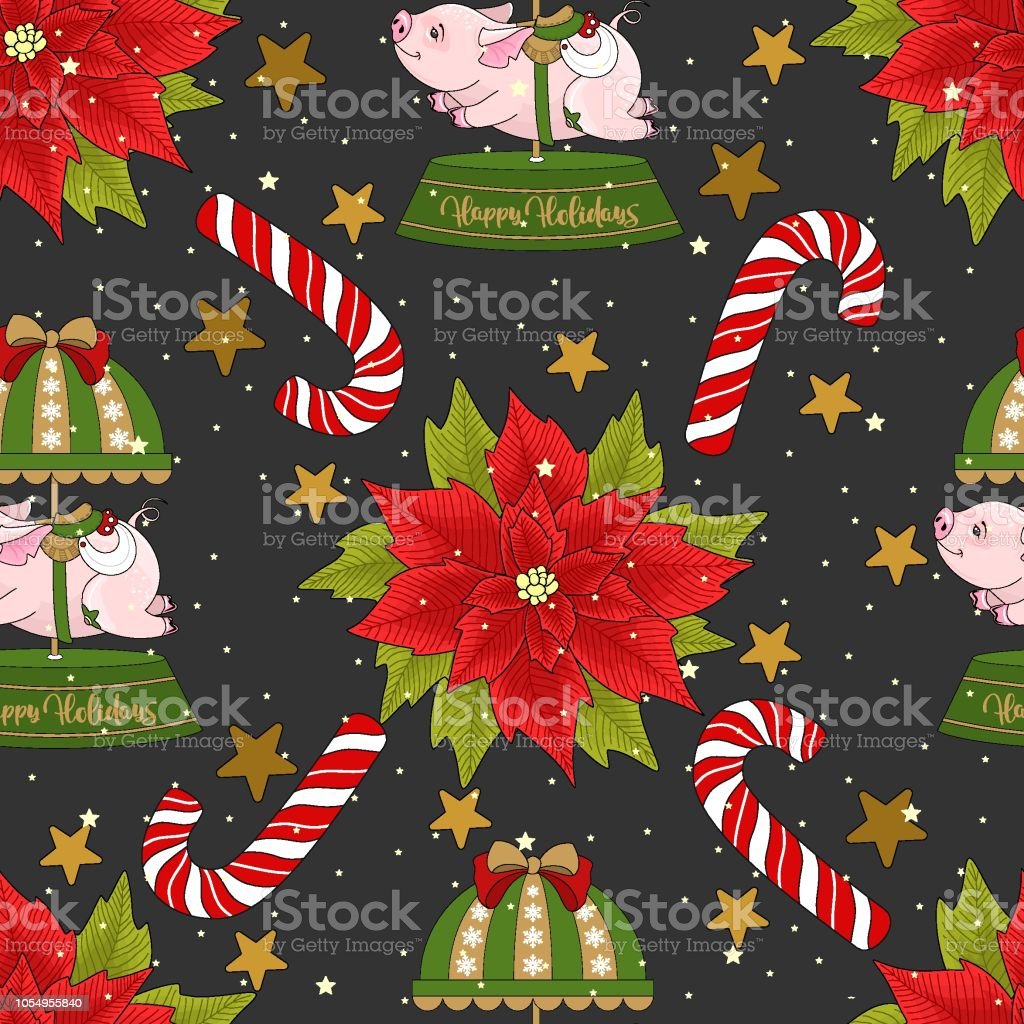 Seamless Pattern With Christmas Pig On Winter Background For