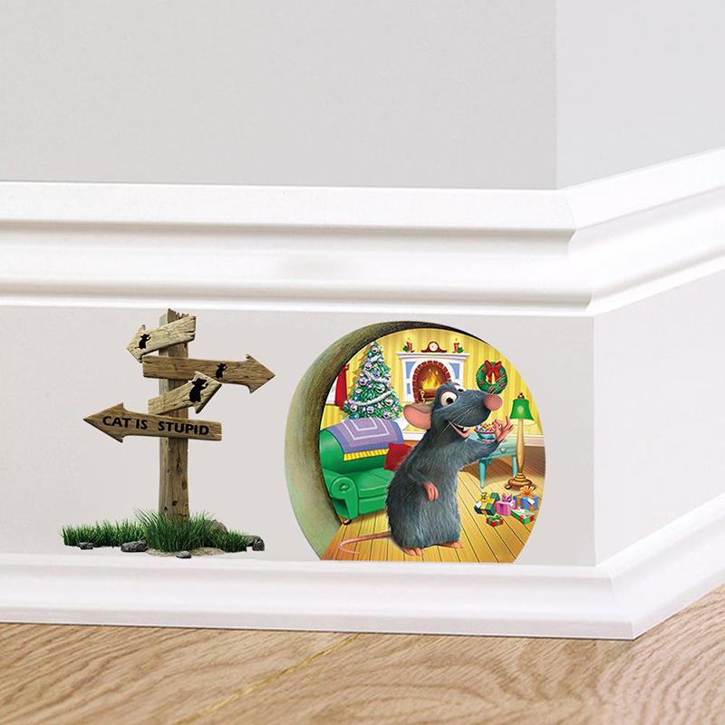 3d Cartoon Funny Mouse Hole Cat Is Stupid Wall Paper Decals