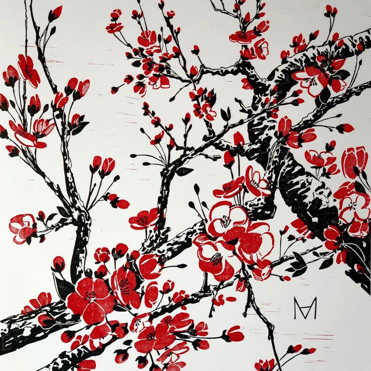 Red Cherry Blossom Linocut By Andre Matyushin