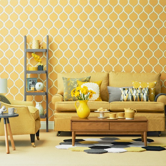 Bold Geometric Wallpaper In Soft Yellow Provides A Strong Backdrop