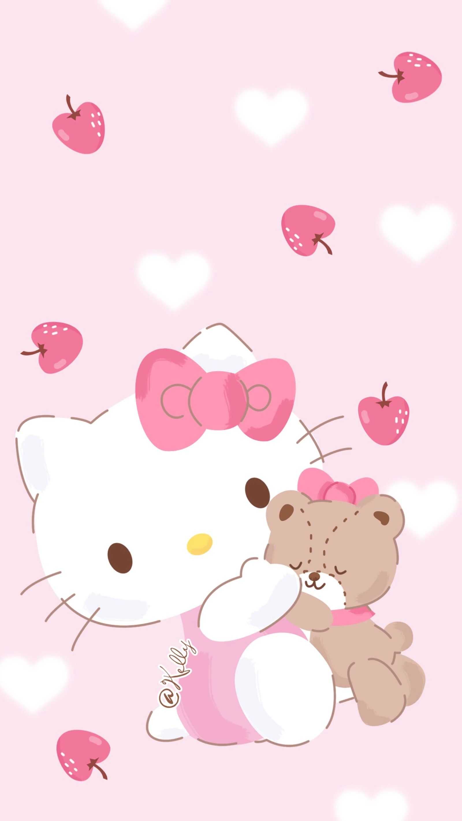 Hello Kitty cuddling a teddy bear on a pink background with hearts and strawberries