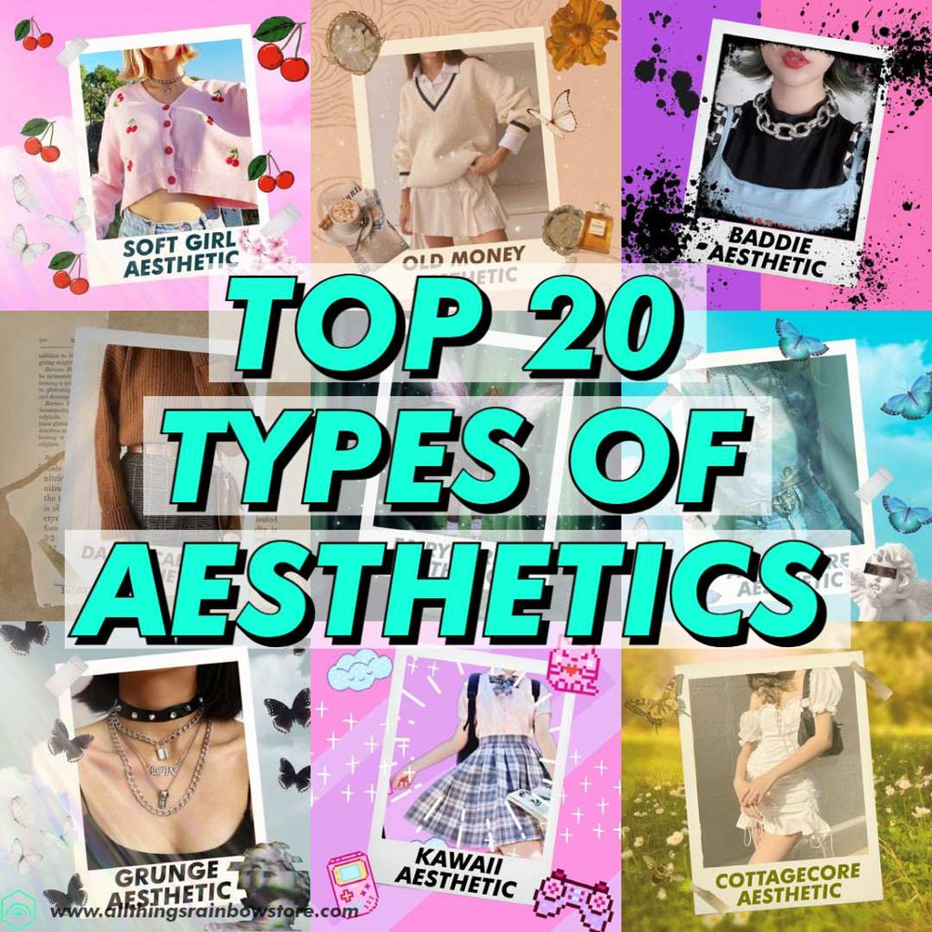 A collage showcasing 20 different aesthetic styles, including Soft Girl, Old Money, Baddie, Dark Academia, Grunge, Kawaii, and Cottagecore, perfect for 2024 wallpaper inspiration