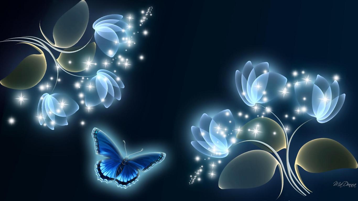 Blue Glow Flowers And Butterfly Hq Wallpaper