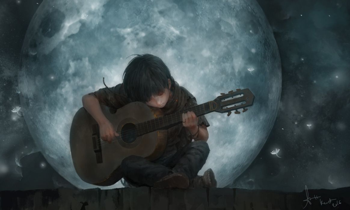 Fantasy Art Guitar Boy Moon Wallpaper