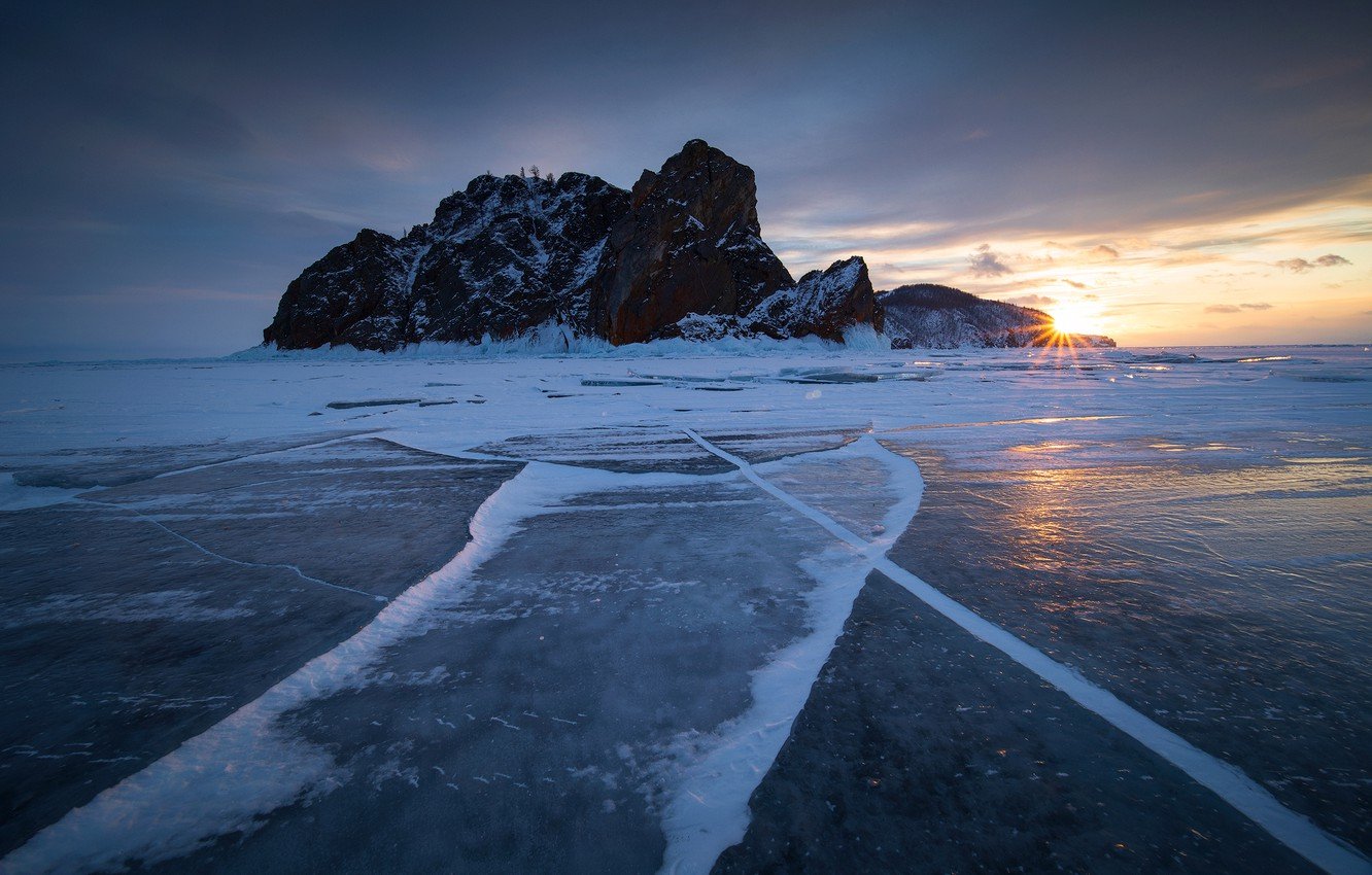 Wallpaper winter sunset rock ice Russia Lake Baikal frozen