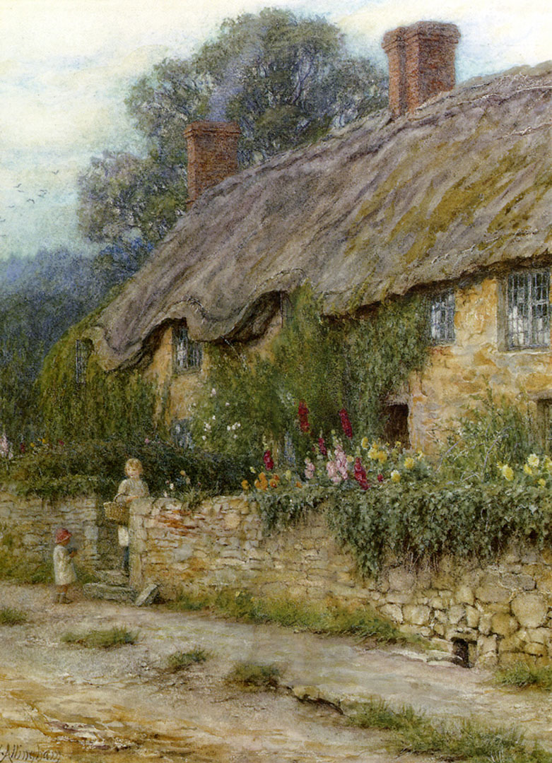 Mother And Child Entering A Cottage English Art Wallpaper Image