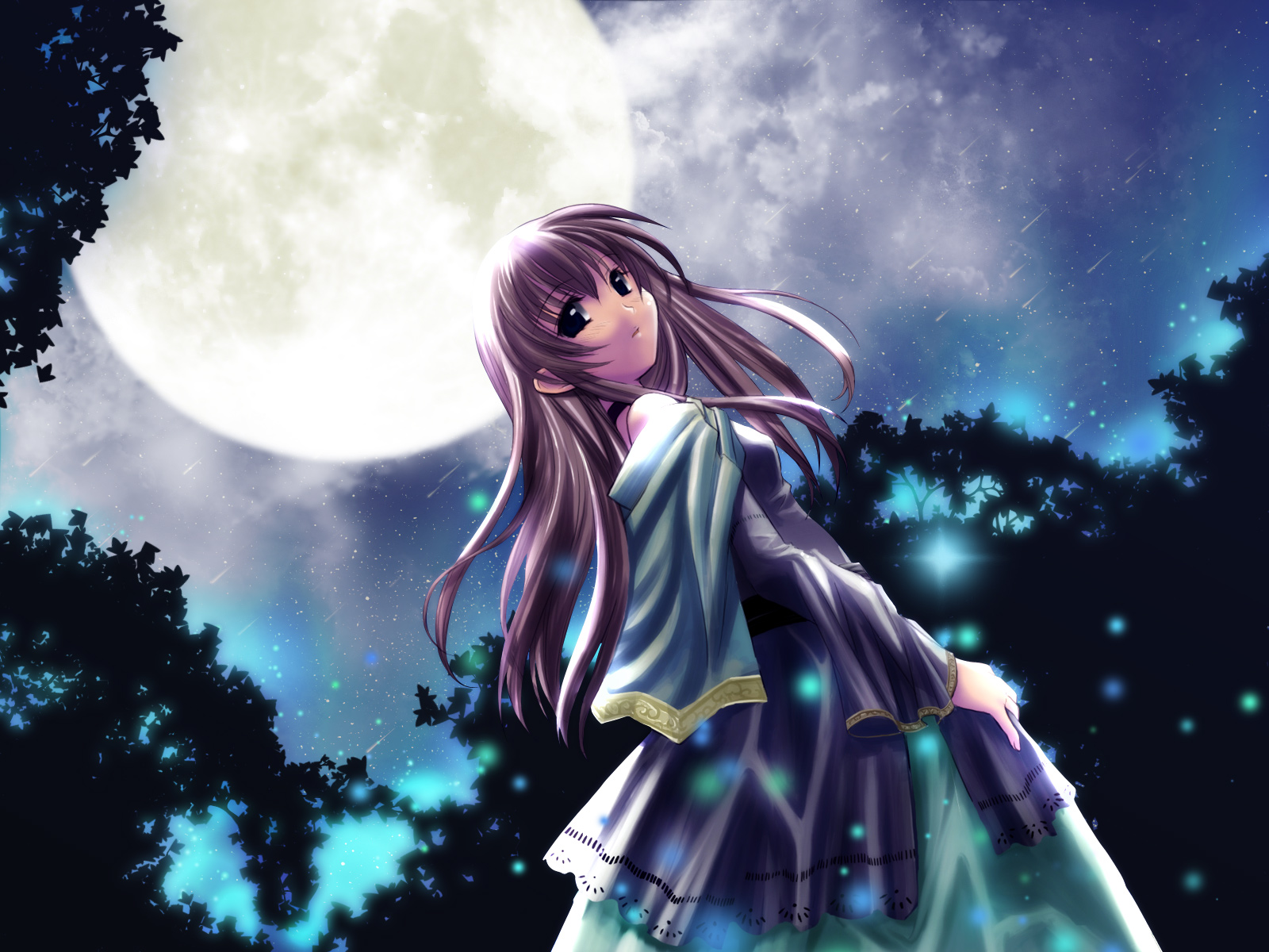 A cute anime girl with long brown hair and a flowing dress stands against a backdrop of a full moon and fireflies in a dark forest