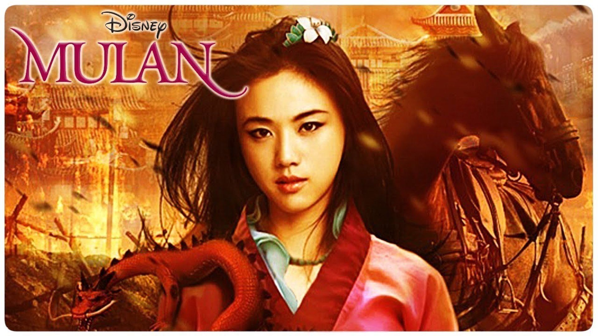 Mulan in front of a burning village with her horse and Mushu