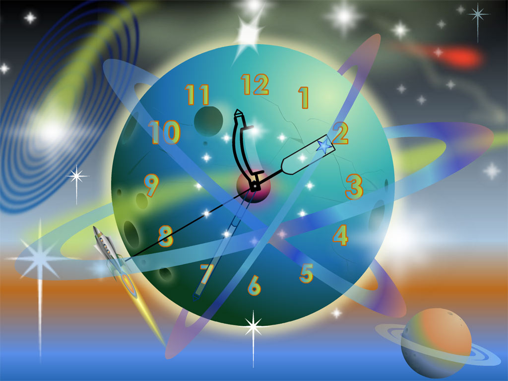  screensaver featuring a rocket attached to a magic clock hand flying