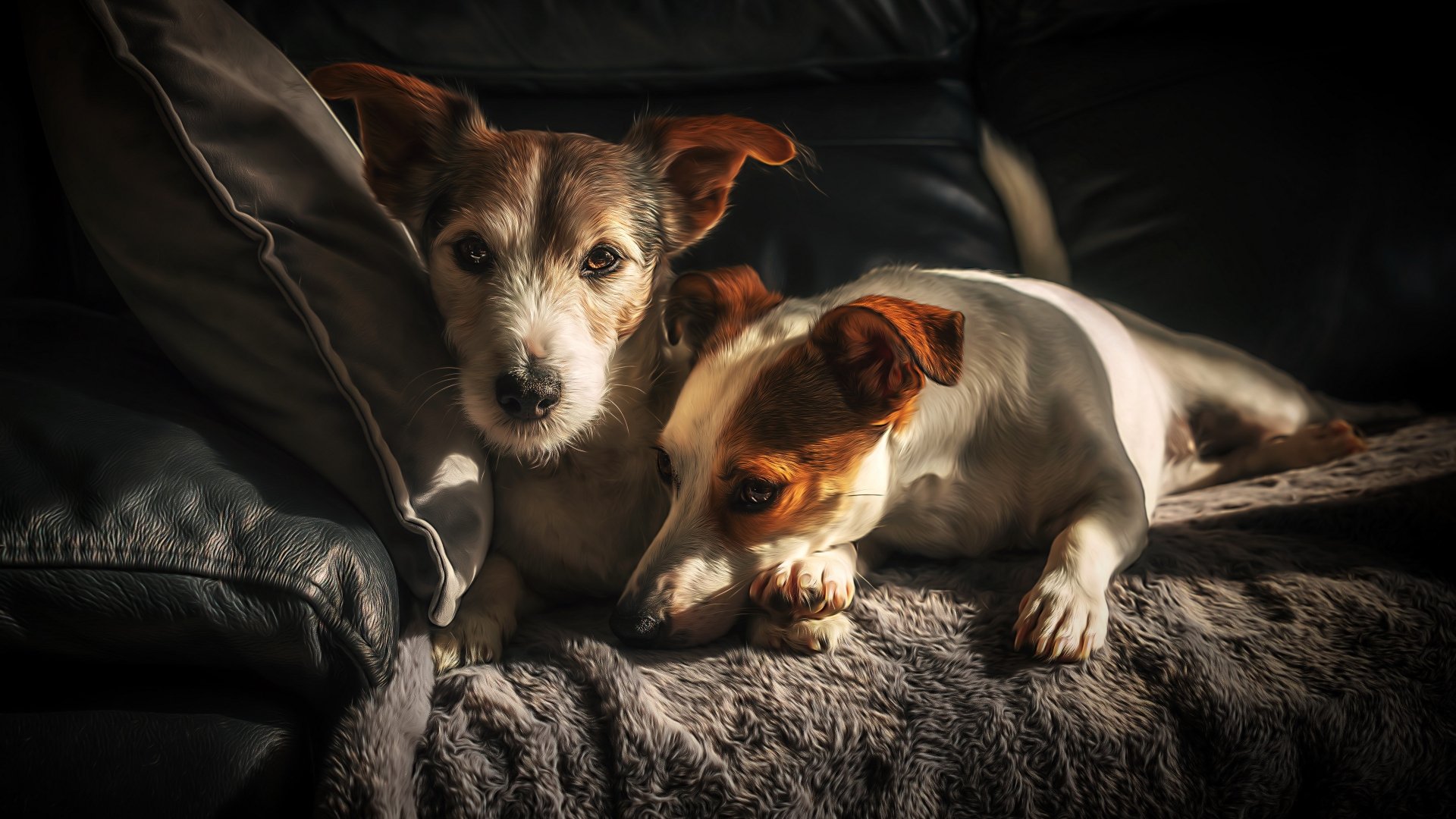Two Jack Russell Terriers Relaxing on a Couch