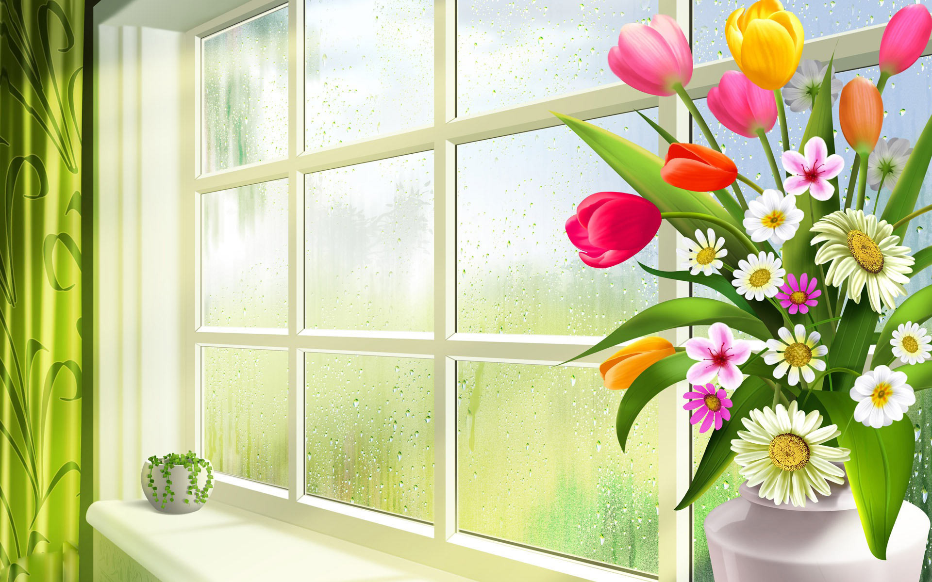 Spring Flowers On A Window Ledge Wallpaper