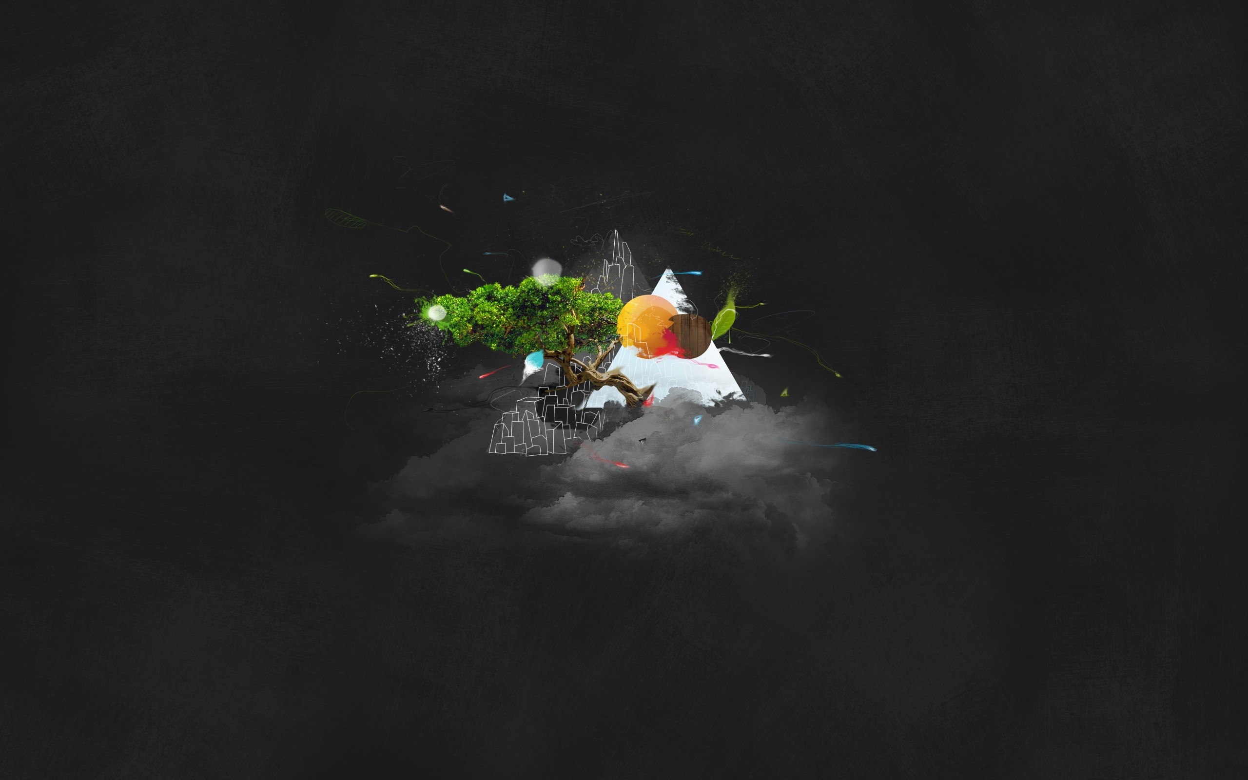 A minimalist 4k wallpaper featuring a surreal landscape. A bonsai tree grows atop a cloud, with a sketched cityscape, an abstract mountain, and colorful orbs floating around it, all set against a dark background