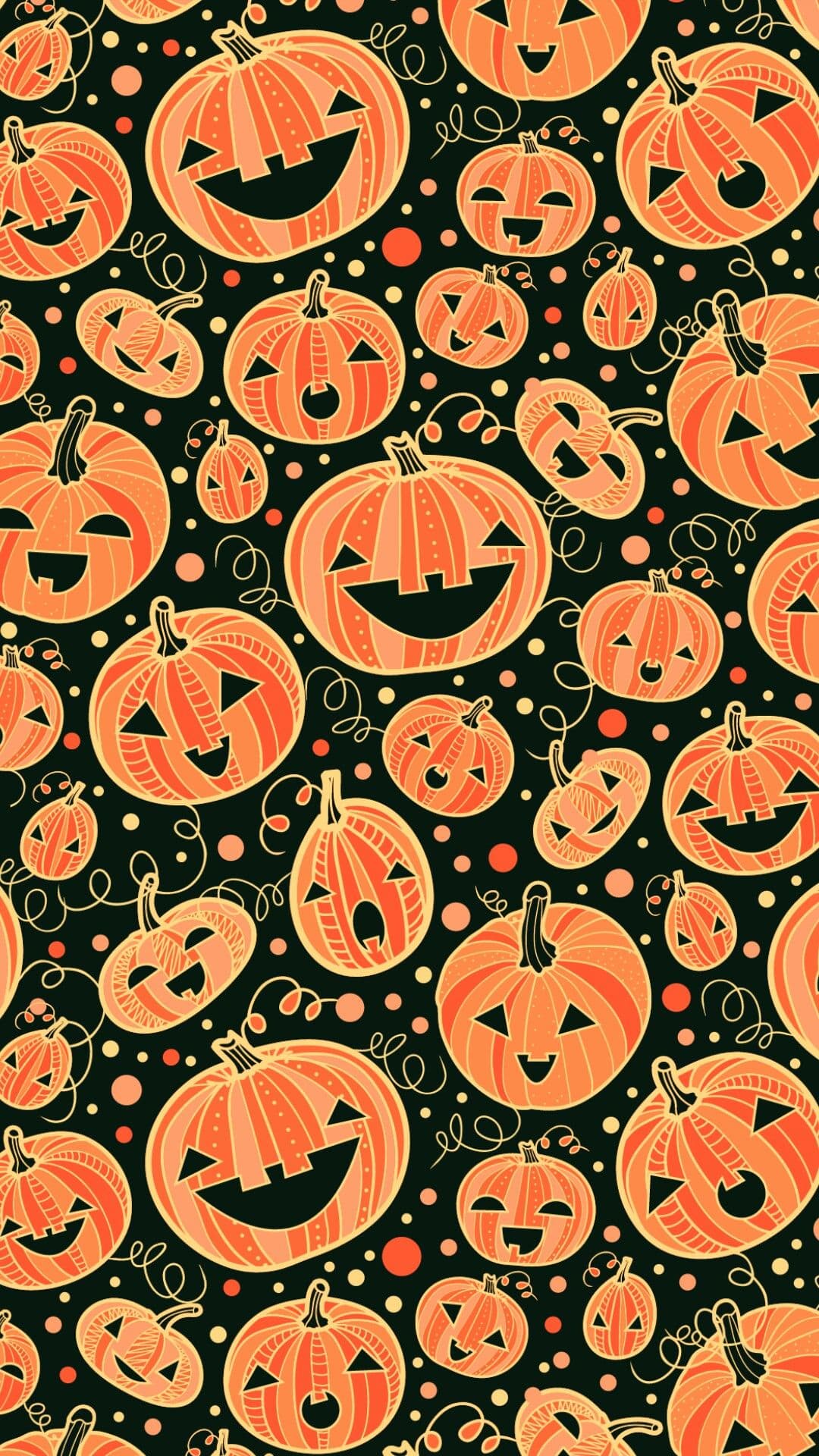 A kawaii Halloween wallpaper featuring a seamless pattern of adorable, smiling pumpkins in various orange hues on a dark background, adorned with playful polka dots and swirls