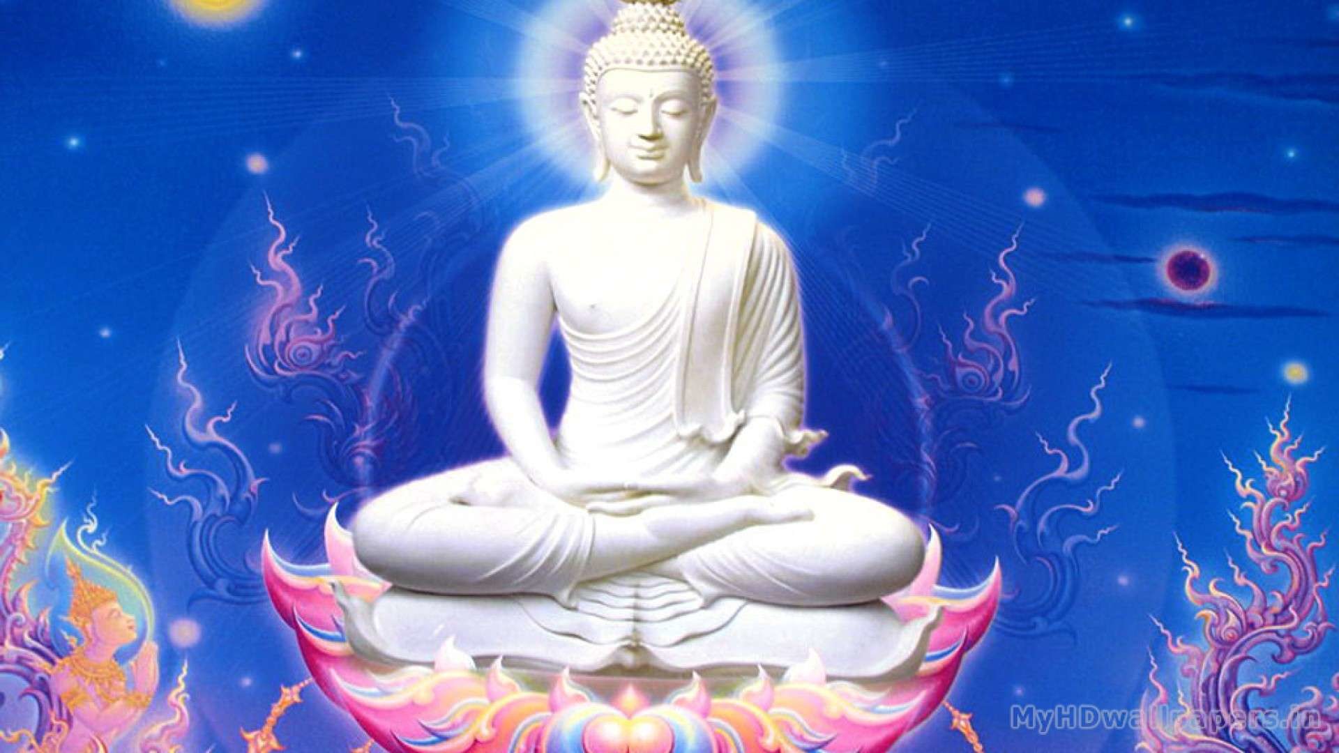 Serene Buddha meditating in a cosmic setting with ornate Thai designs