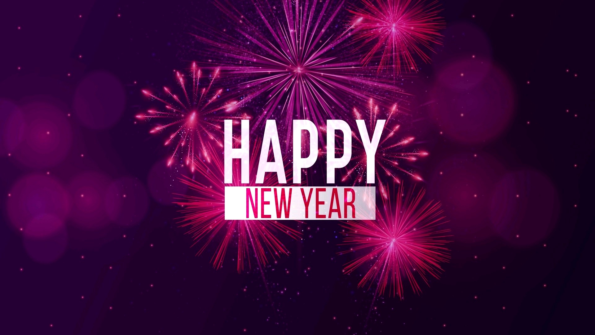 Fireworks exploding against a dark purple background with the text 'Happy New Year' overlaid