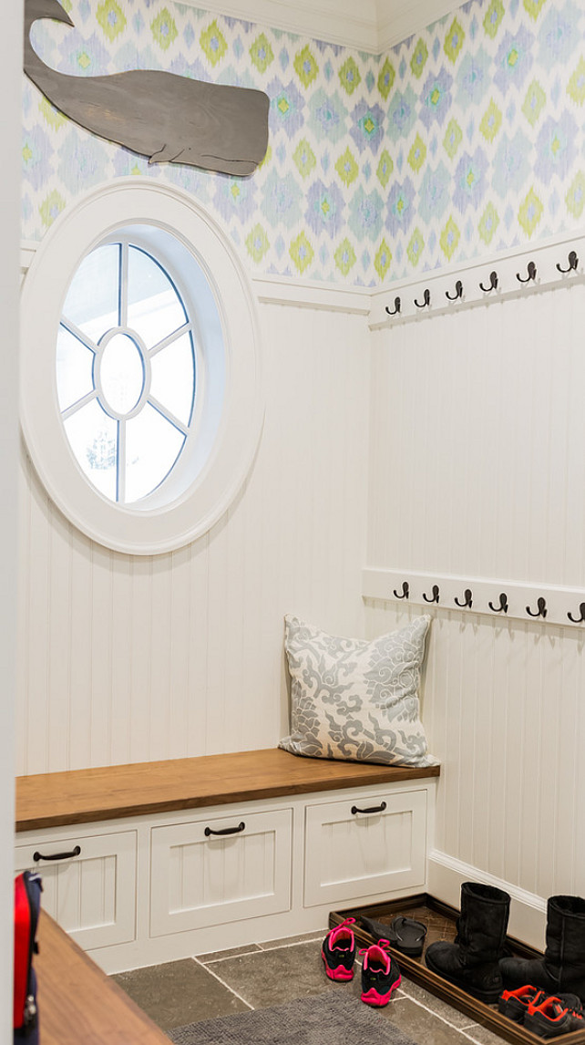 The Mudroom Boasts Blue And Green Ikat Wallpaper On Upper Walls