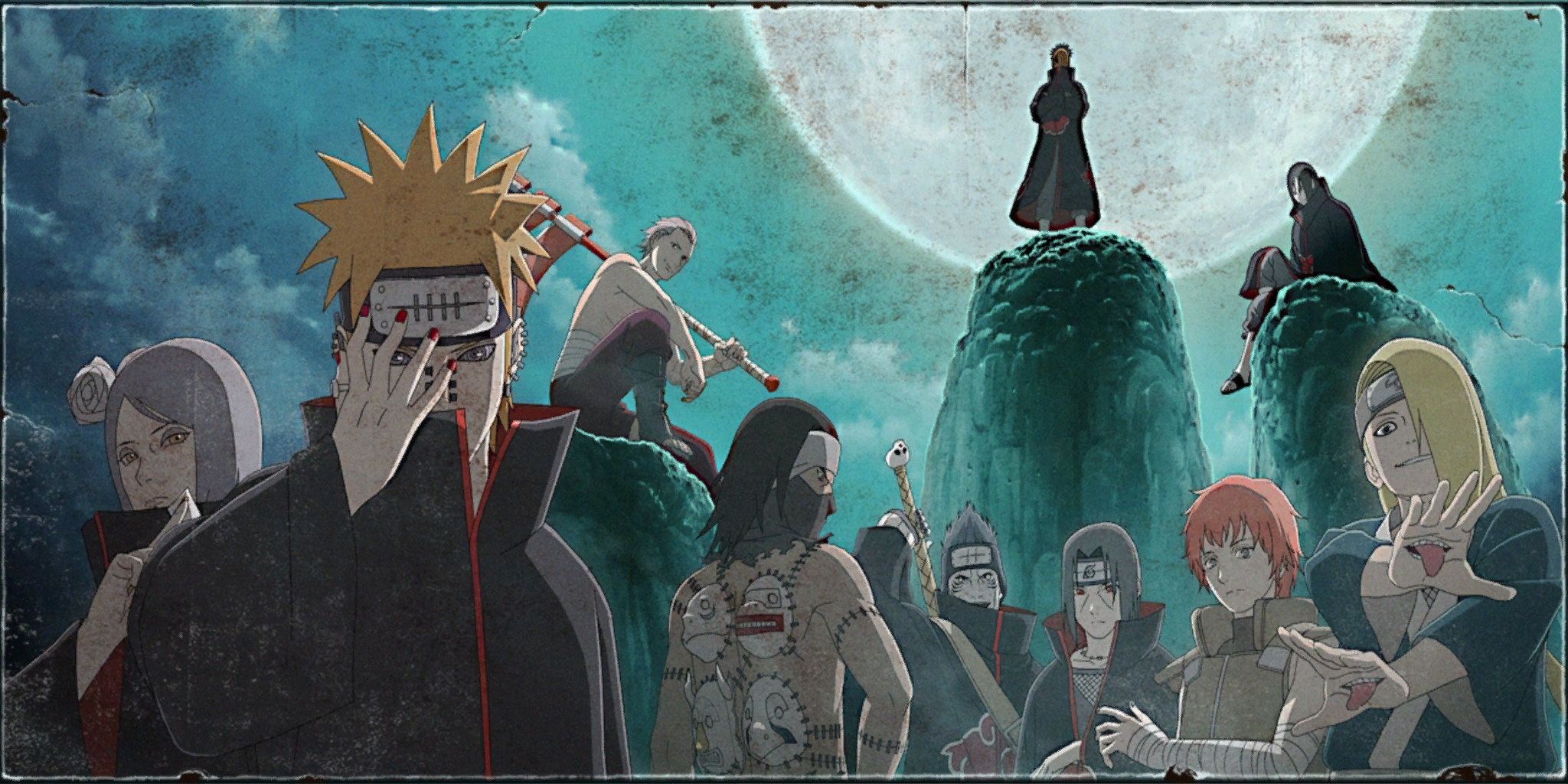 A vintage-style wallpaper featuring the Akatsuki members from Naruto Shippuden, standing against a backdrop of a large, pale moon