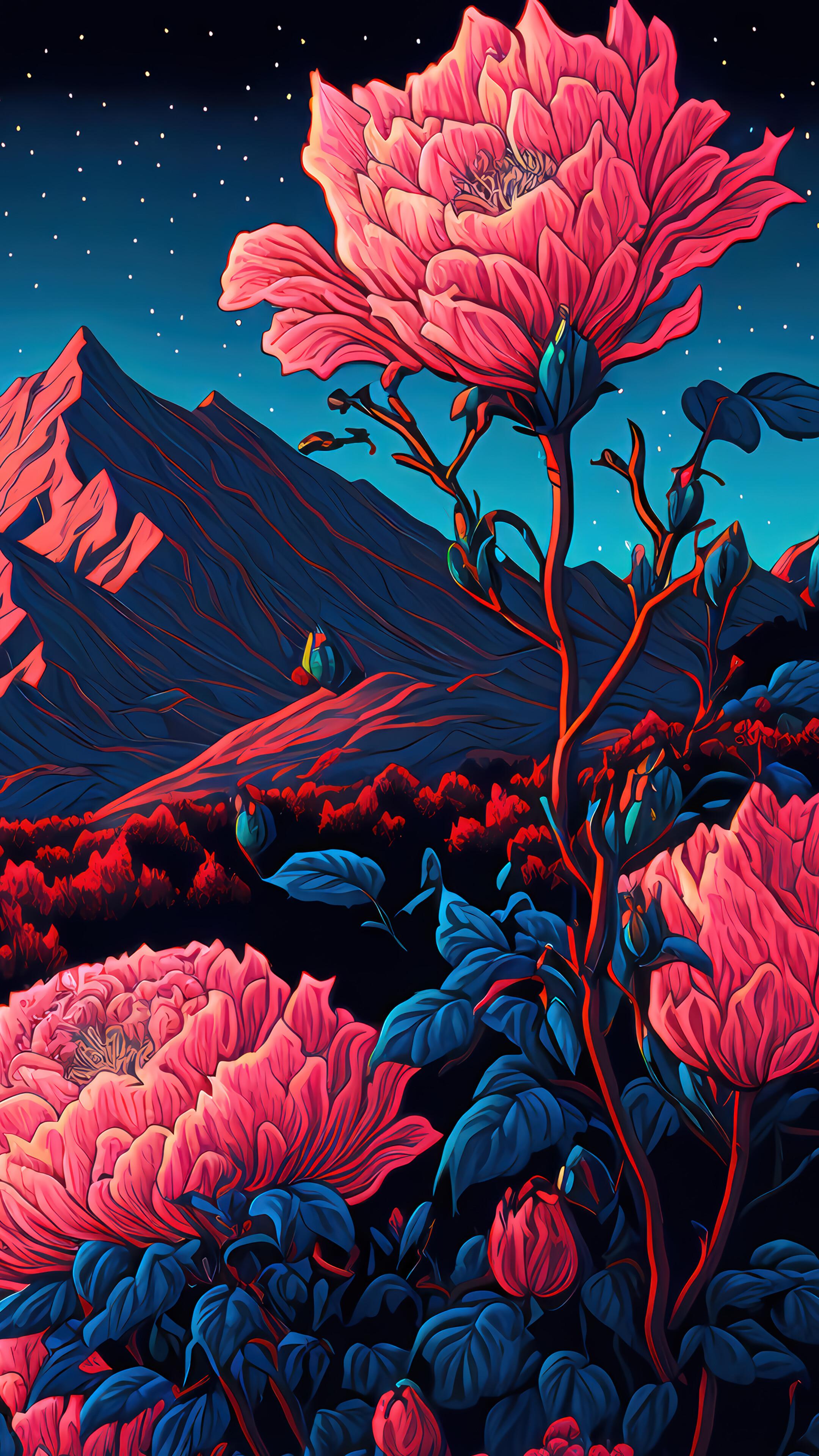 Beautiful Flower Night Mountain Moon Scenery Art 4k Wallpaper