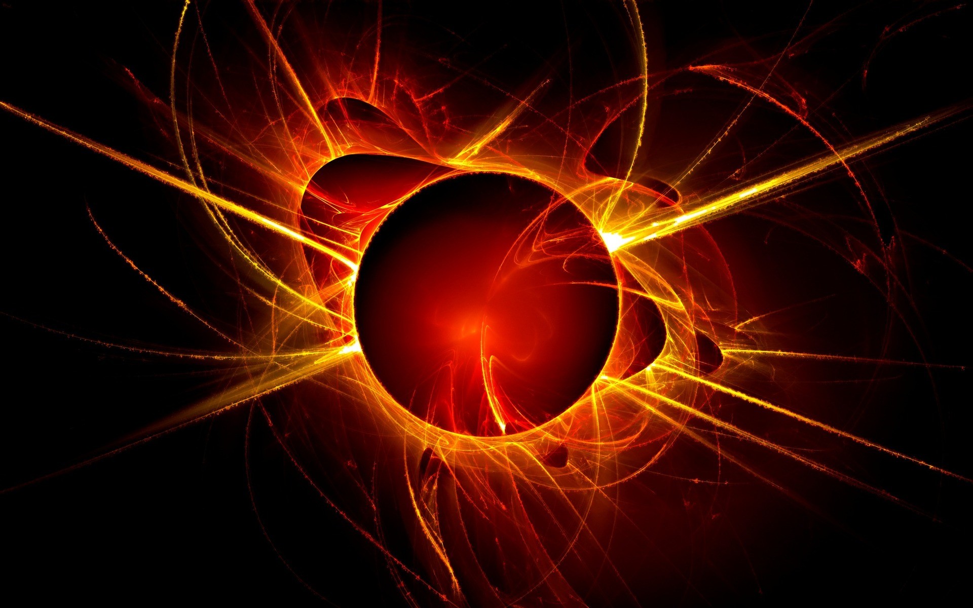 A vibrant abstract depiction of an orange energy sphere emanating fiery light and energy streaks on a dark background