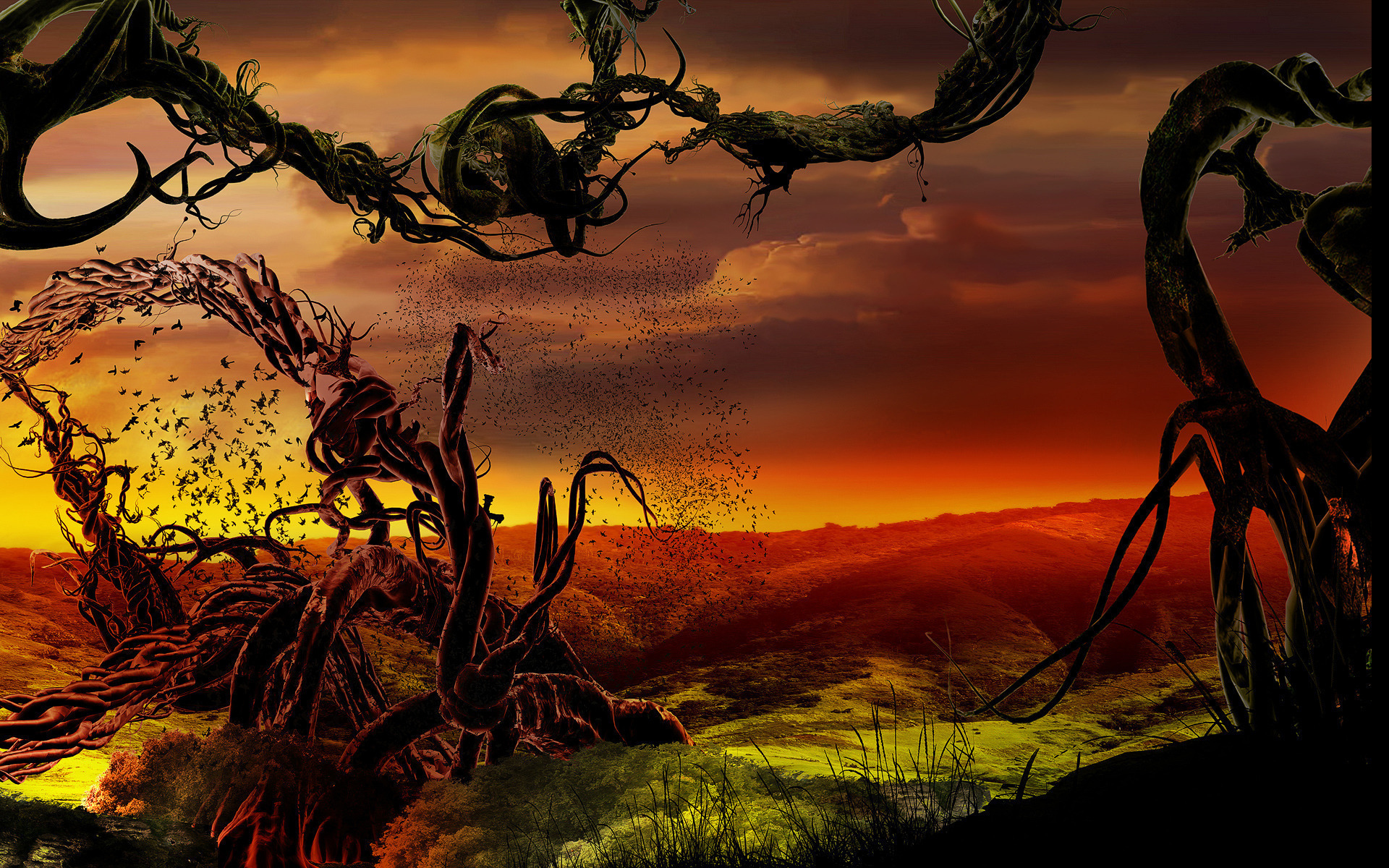Bird Tree Landscape Sunset Psychedelic D Wallpaper